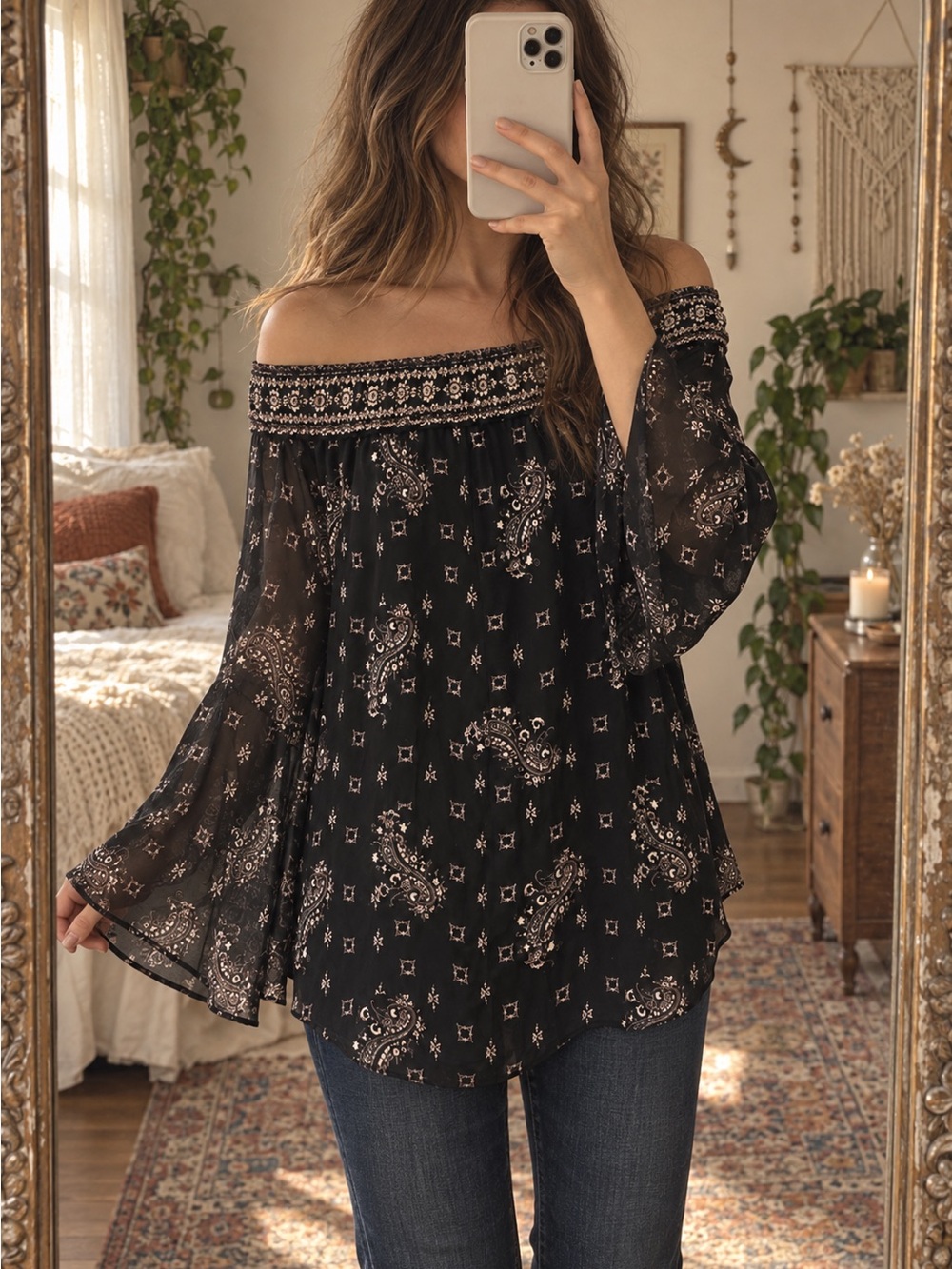 White House Black Market Boho Off Shoulder Paisley Peasant Blouse Medium